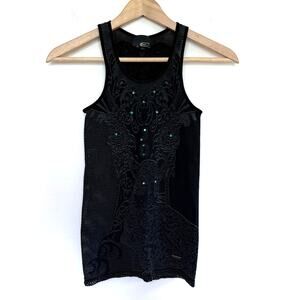 JUST CAVALLI black green rhinestone embellished leopard knit stretch tank top